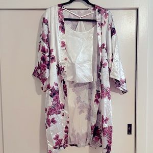 White Satin Floral Robe Set with Cami and Shorts